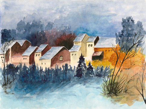 Watercolor picture of   a small cozy village with cute  houses, a  lot of trees and bushes