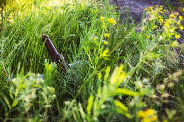Glass and plastic bottle in the grass.