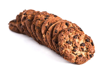 chocolate cookies chip horizontal stack isolated on white background 