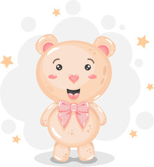 Fototapeta na wymiar Cute baby bear with pink bow and stars