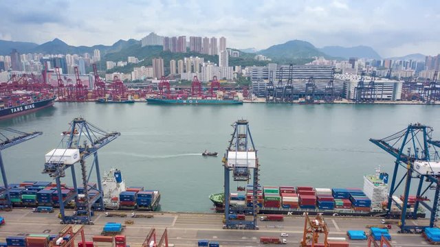aerial view hyperlapse 4k video of container cargo ship in export and import business and logistics international goods in Hong Kong.
