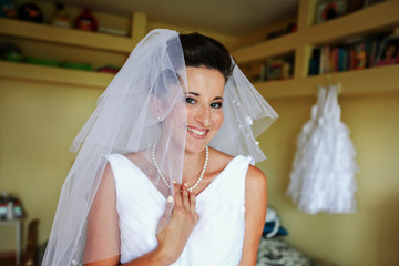 Morning preparations of bride in wedding dress before the wedding - 280883161