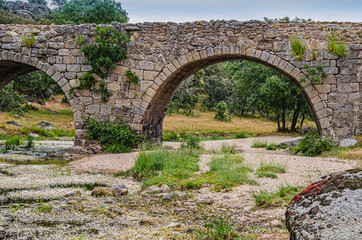 Fototapeta na wymiar Old medieval bridge with five arches. Ledesma Salamanca Spain