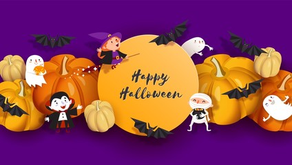 Happy Halloween design. 3d witch, vampire, bat, pumpkin, mummy, ghost, moon