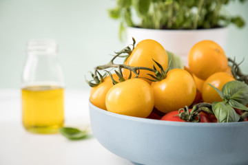 Rote und gelbe Tomaten mit Basilikum und Olivenöl 