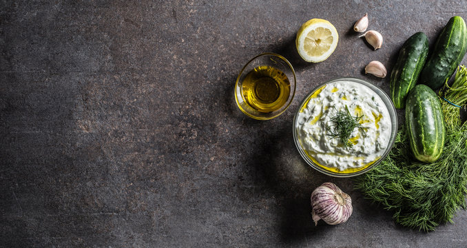 Tzatziki Sause In A Glass Bowl Dill Cucumber Olive Oil Lemon And Garlic