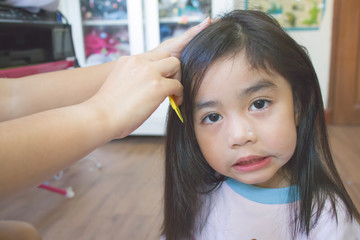 Mother treating daughter hair out Head lice 