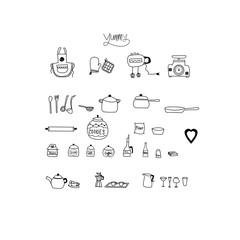 Set di icone utensili di cucina nere isolate  su sfondo bianco