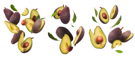 Creative collection set with Fresh ripe avocado with leaves falling in the air.