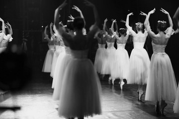 Corps de ballet rehearsal in stage ballet performance costumes in the theater - obrazy, fototapety, plakaty