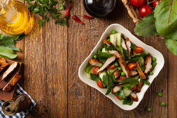 Delicious salad with grilled veal, beetroot and cucumber. Top view.