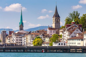 Zurich. View of the city embankment and the facades of old houses.