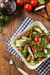 Delicious salad with grilled veal, beetroot and cucumber. Top view.