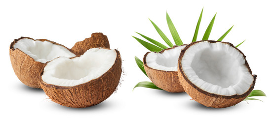 Set with Fresh raw coconut with palm leaves isolated on white background. - obrazy, fototapety, plakaty