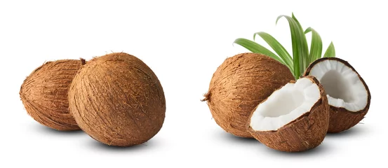 Foto op Canvas Set with Fresh raw coconut with palm leaves isolated on white background. © Agave Studio