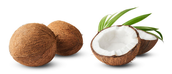 Set with Fresh raw coconut with palm leaves isolated on white background. © Agave Studio