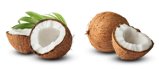 Set with Fresh raw coconut with palm leaves isolated on white background.