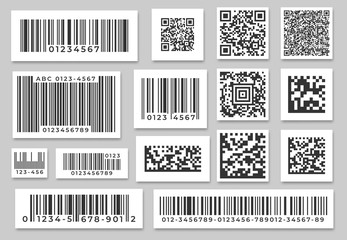 Barcode labels. Code stripes sticker, digital bar label and retail pricing bars labeling stickers. Industrial barcodes, customers qr code. Isolated symbols vector set