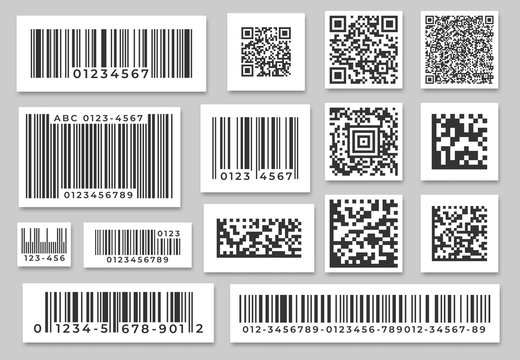 Barcode labels. Code stripes sticker, digital bar label and retail pricing bars labeling stickers. Industrial barcodes, customers qr code. Isolated symbols vector set