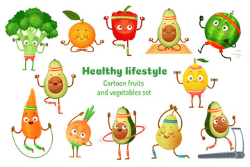 Sport fruits and vegetables. Healthy lifestyle mascots, fruit sports exercise and avocado yoga workout. Gym fitness vegetable charecter. Cartoon isolated vector illustration icons set