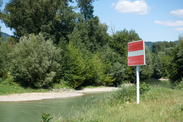 Sign for navigation (prohibition of passage) on a branch of the Danube in Austria