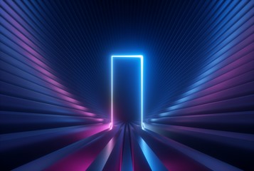 3d render, blue pink neon abstract background with glowing arch, rectangular shape, ultraviolet light, laser show performance stage, wall reflection © wacomka