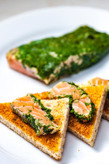 Still life of marinated salmon in dill
