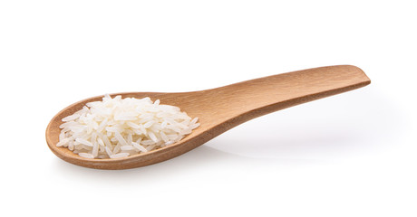 rice seeds in wood spoon  isolated on white background.