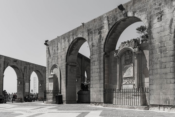 Black and white image of the walls at the upper barrakka gardens in the unesco world heritage city of valletta, capital of malta