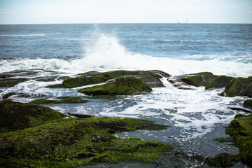 waves crashing on rocks