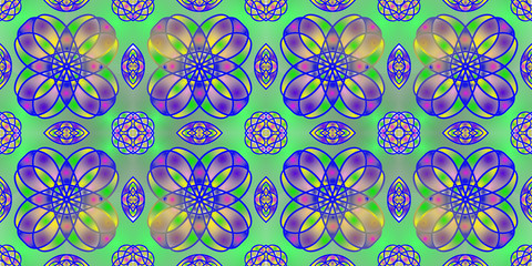 Seamless endless repeating bright ornament of multi-colored geometric shapes