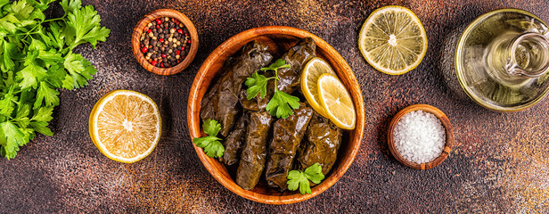 Dolma, stuffed grape leaves with rice and meat.
