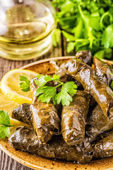 Dolma, stuffed grape leaves with rice and meat.