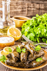 Dolma, stuffed grape leaves with rice and meat.