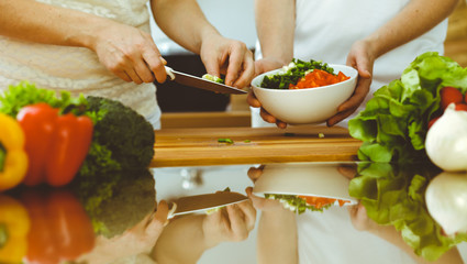Closeup of human hands cooking in kitchen. Mother and daughter or two female friends cutting vegetables for fresh salad. Friendship, family dinner and lifestyle concepts