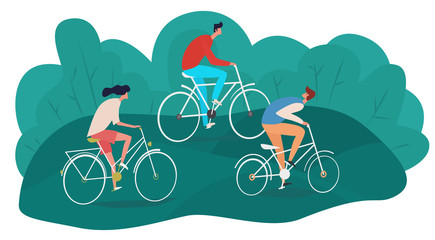 Two boys and a girl are riding bicycles on the lawn near the park or wood. People performing outside sports activities and Leisure . Cartoon Flat Vector Illustration.