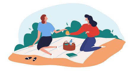 Women have picnic on the beach. Resting outside having some meal together, families and couples having lunch. Flat cartoon vector illustration.