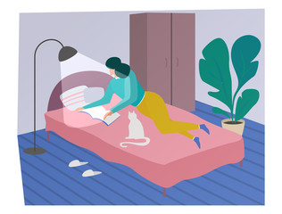 Woman is reading the book in bed, spending time at home with favorite white cat. Flat cartoon vector illustration.