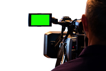Green LCD display on high definition television camera. Isolated on white background. Videographer...