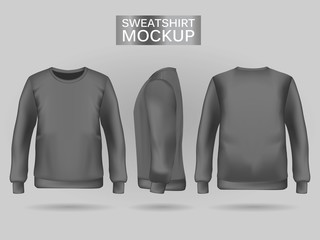 Blank men's gray sweatshirt in front, back and side views. Vector illustration. Realistic male clothes for sport and urban style