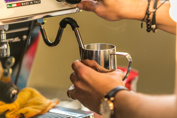 Coffee with various options.Espresso machine making coffee in cup. Brewing coffee with espresso machine