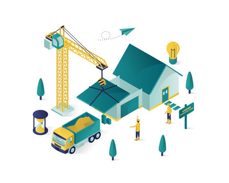 real estate construction isometric illustration, under construction vector with people working
