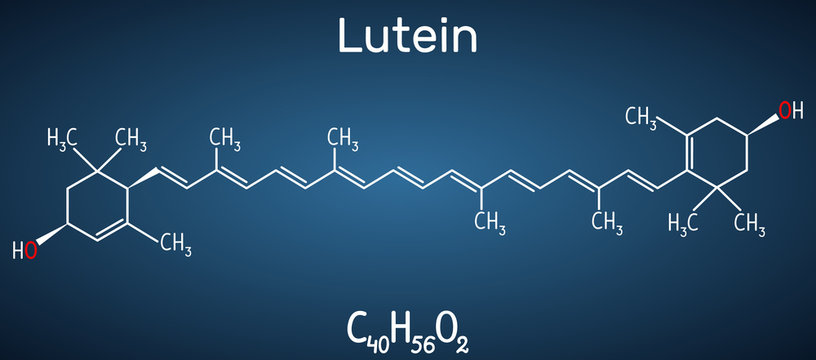 Lutein, xanthophyll molecule. It is type of carotenoid. Structural chemical formula on the dark blue background
