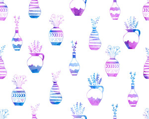 Seamless pattern of flowers in vases in watercolor pink and blue