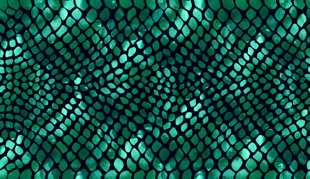 Texture of snake skin green on a dark background in watercolor