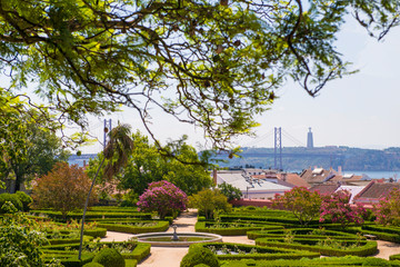 Portugal, Lisbon, 28 july 2019 Botanic Garden. beautiful view of the river Tagus and the must on April 25 in Lisbon