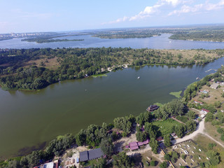 Fototapeta premium Aerial drone view of Kiev cityscape, Dnepr river.