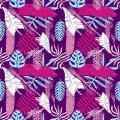 Abstract seamless vector tropical leaves pattern for girls, boys, clothes. Creative background with jungle. Funny botanical wallpaper for textile and fabric. Fashion style. Colorful bright