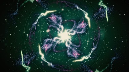 Abstract shining particle flower circle patterns 3D illustration. Vibrant fireworks light symmetric glowing patterns flow in waves. Colorful motion graphics overlay graphic VFX element