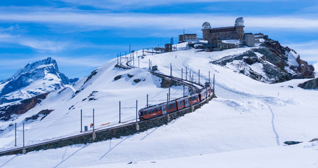 The Gornergrat bahn railway at zermatt which goes up to a station with a view of the matterhorn...